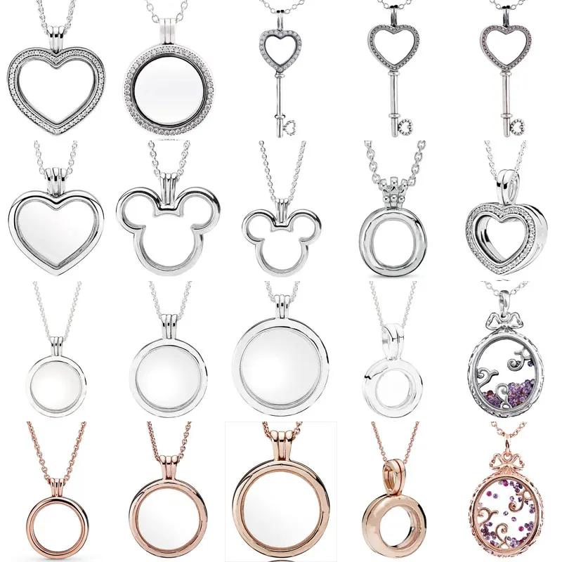 Sparkling Heart Large Key Crown Mouse Regal Pattern Lockets Floating 925 Sterling Silver Necklace For Fashion Bead C